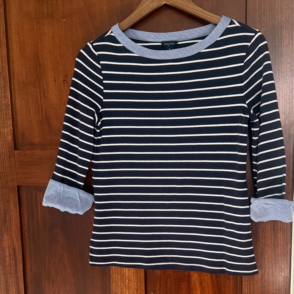 Nautica Navy and White Striped Long Sleeve Tee